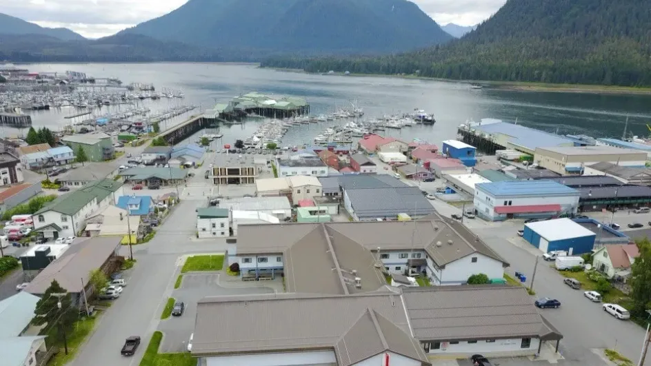 Aerial view of Petersburg Medical Center and the surrounding harbor