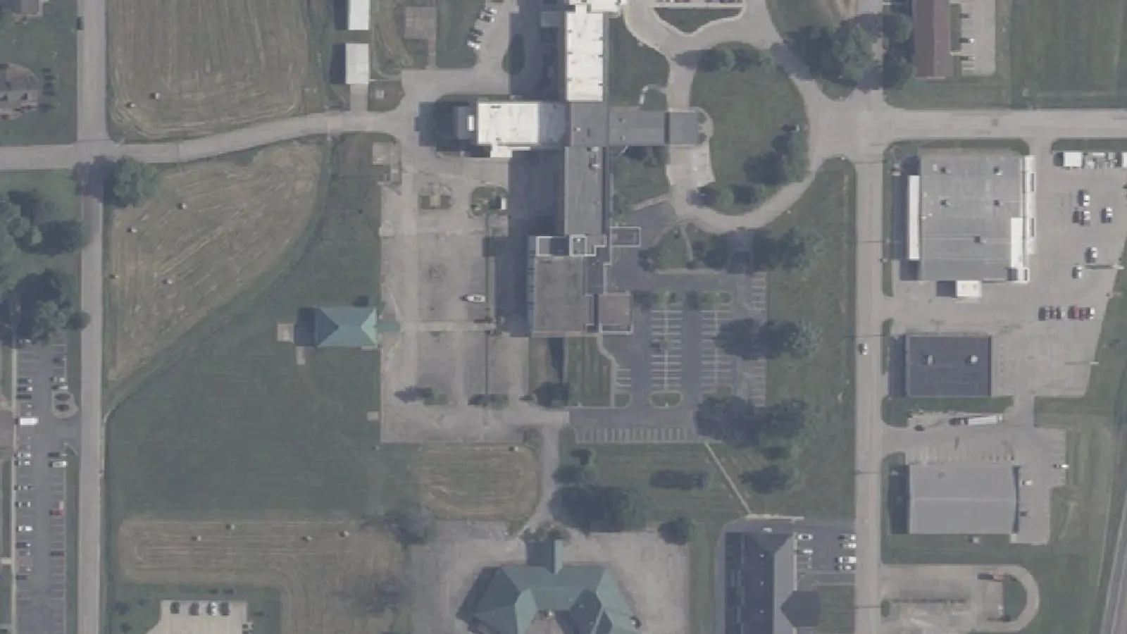 Aerial photograph of the Mission Behavioral Health Hospital campus (2022), Huntingburg, IN