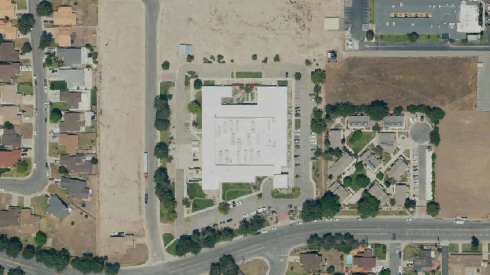 Aerial view of Ballard Rehabilitation Hospital in San Bernardino, CA campus and surroundings; USDA NAIP imagery, 2022.